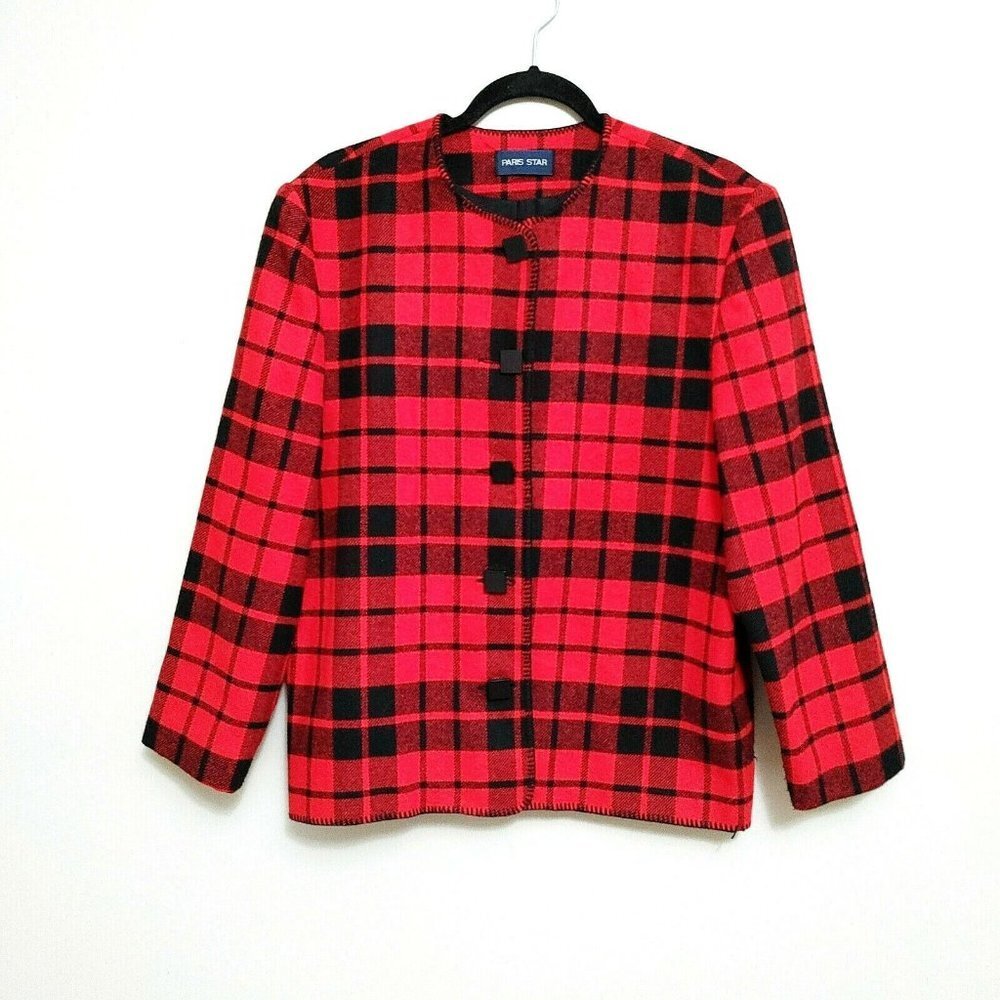 Paris Star Vintage Wool Blend Button Up Jacket Blazer Womens 14  Red Black Plaid